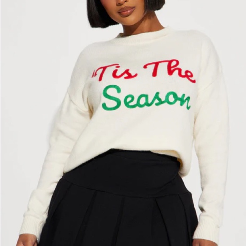 Fashion Nova Cream Holiday Sweater with Red and Green Text